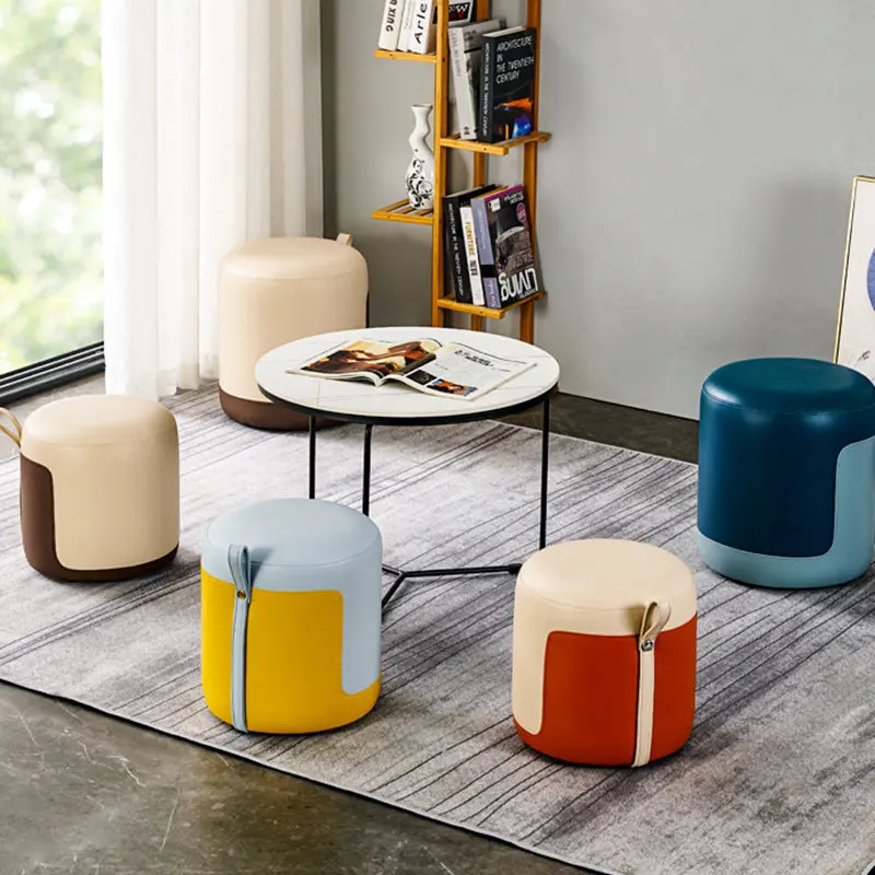 Contemporary Scandinavian Round Cat Paw Leather Solid Wood Frame Portable Low Stool For Bedroom