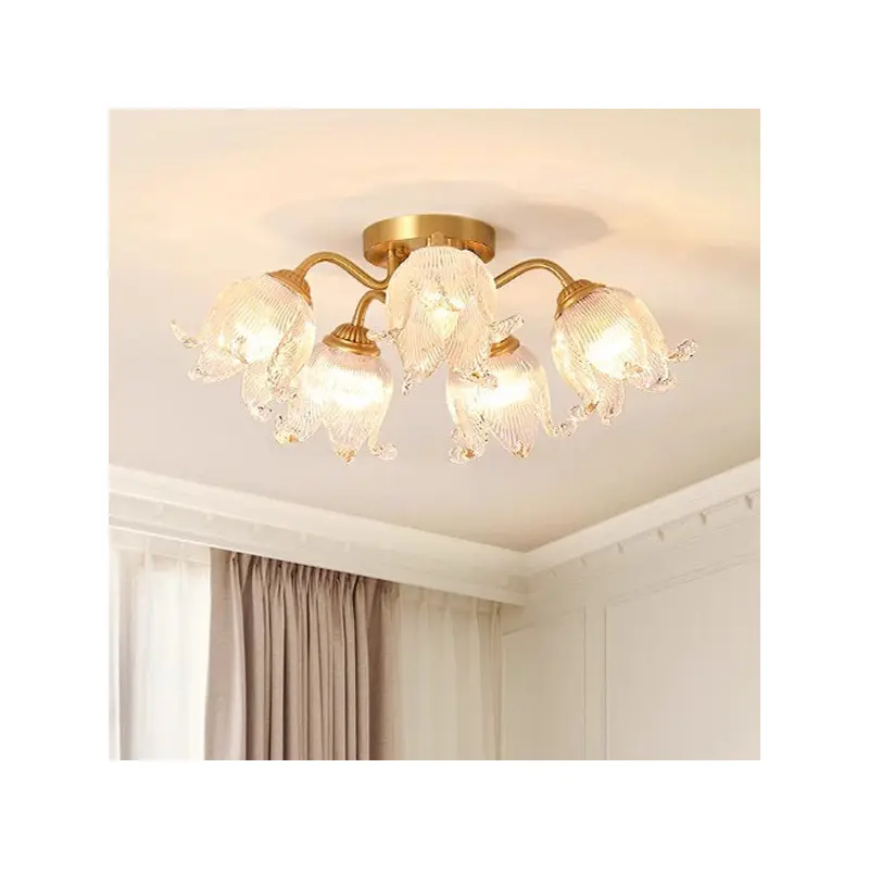 Traditional European Round Flower Glass Shade Full Copper Frame 5/12/15 Light Flush Mount Ceiling Light For Living Room