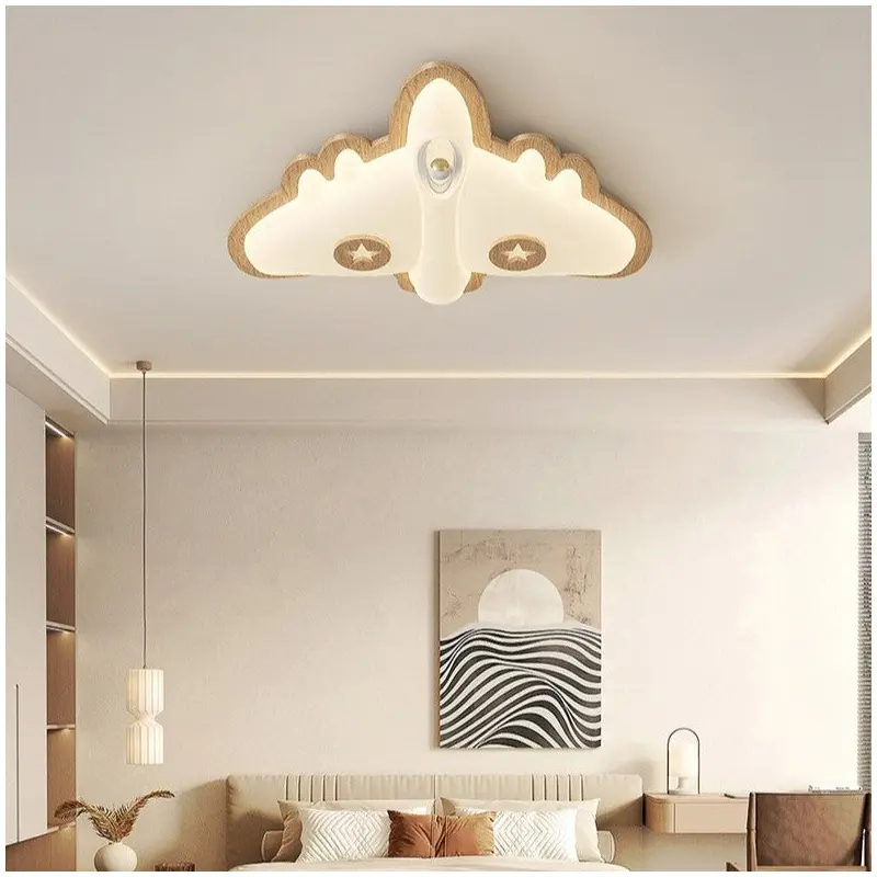 Contemporary Creative Cartoon Aircraft PE Shade Solid Wood LED Flush Mount Ceiling Light For Bedroom