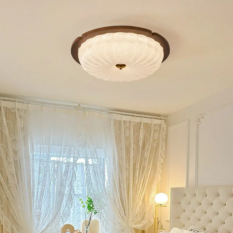 Traditional Vintage Solid Wood Iron Glass Cylinder Shade LED Flush Mount Ceiling Light For Bedroom