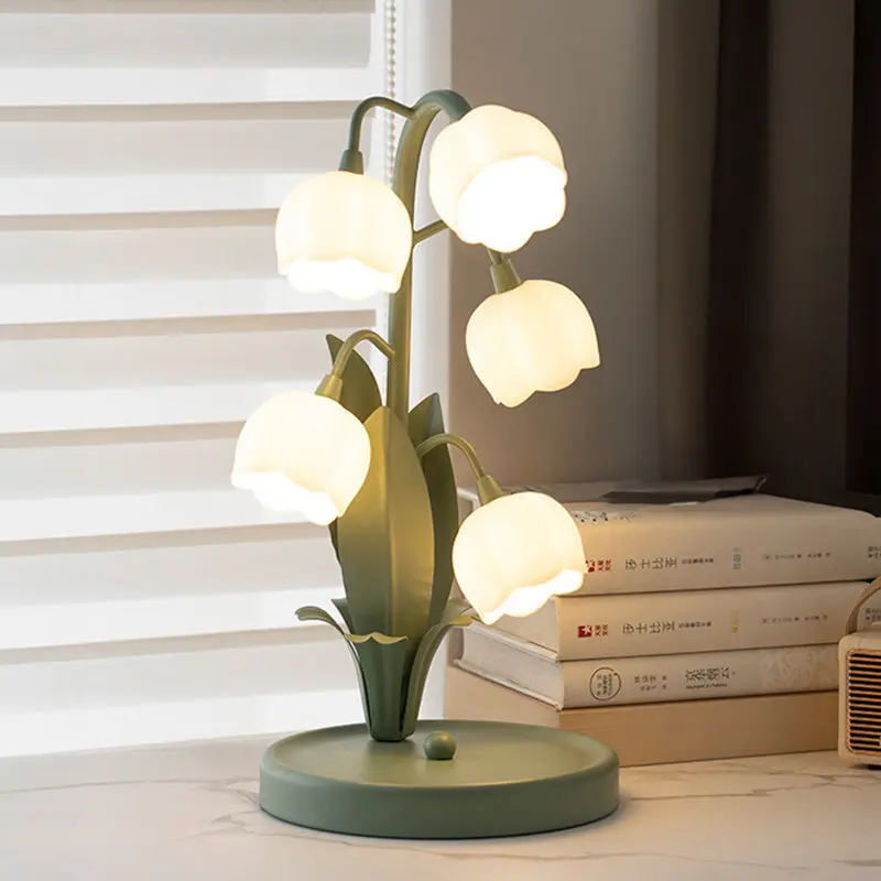 Contemporary Creative Bell Orchid Flower Round Iron PC 5-Light Table Lamp For Bedroom