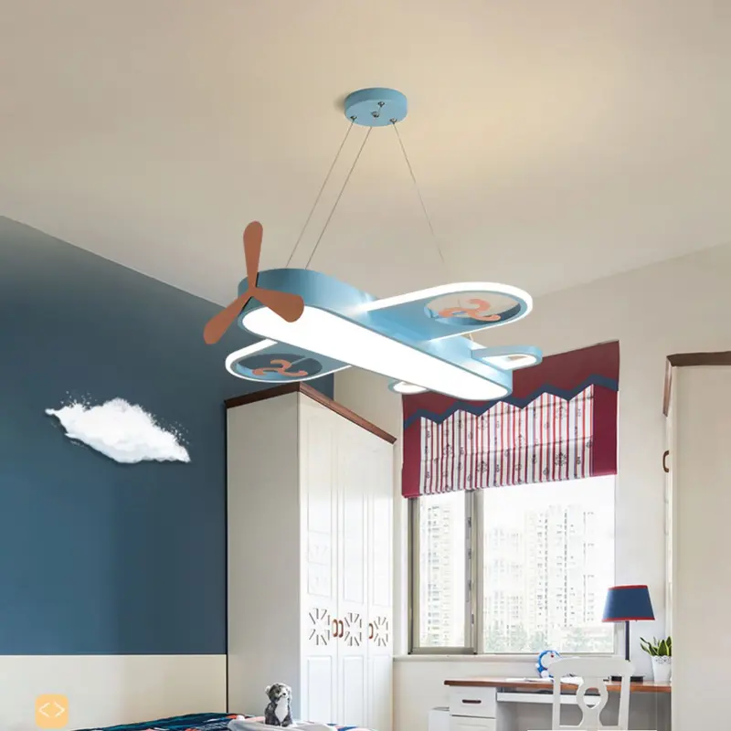 Contemporary Creative Cartoon Kids Airplane Shape Iron Acrylic LED Chandelier For Bedroom