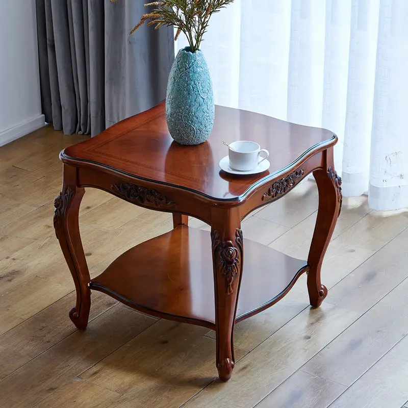 Traditional Chinese Carved Pattern Square Bent Solid Wood End Table 2-Tiers For Living Room