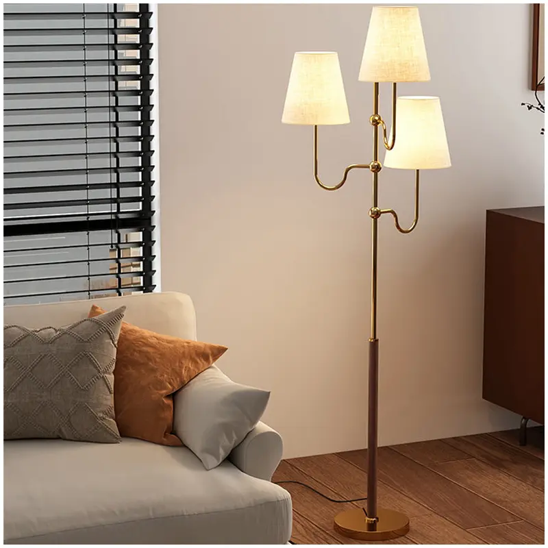 Traditional French Cone Iron Fabric Wood 3-Light Standing Floor Lamp For Bedroom