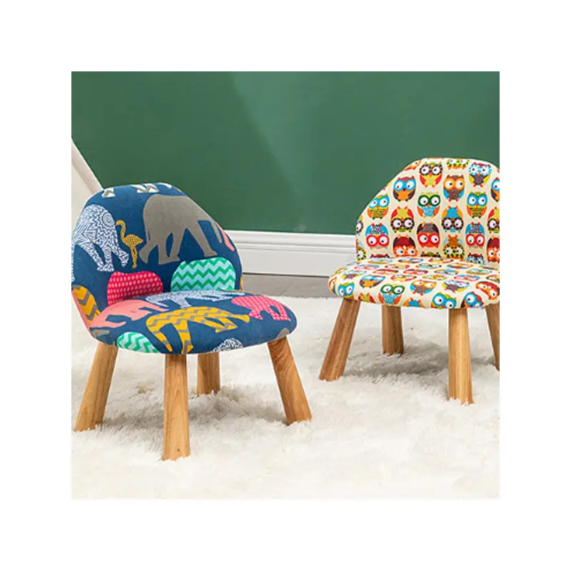 Contemporary Creative Cartoon Animal Pattern Fabric Solid Wood Low Stool For Bedroom