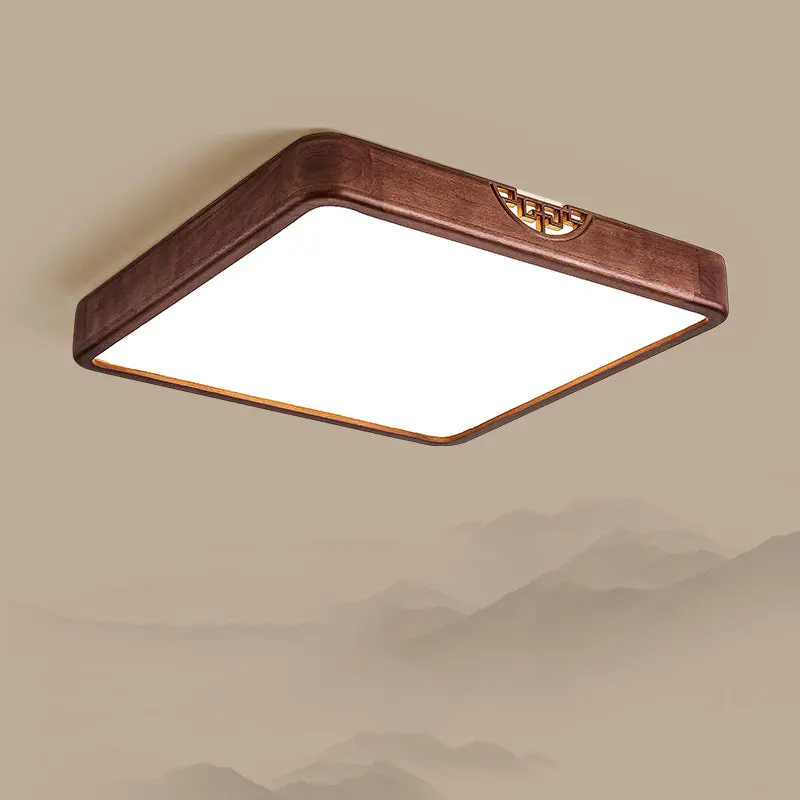 Traditional Chinese Square Rectangle Walnut Grain Rubber Wood Hardware PVC Shade LED Flush Mount Ceiling Light For Living Room
