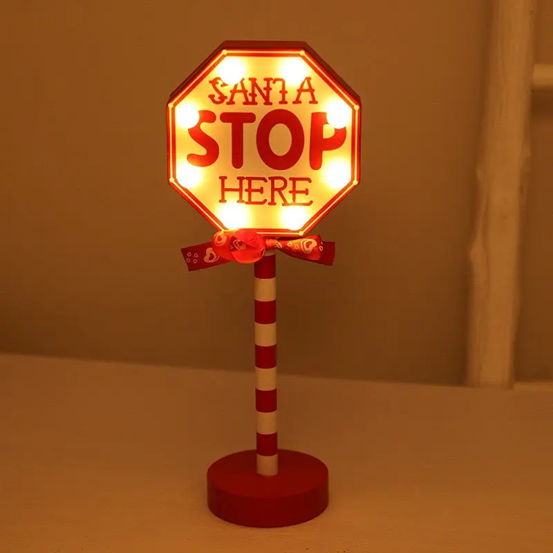 Contemporary Creative Christmas Road Sign Decoration Wooden Metal LED Table Lamp For Living Room