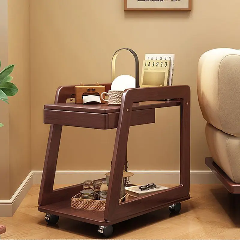 Contemporary Nordic Rectangle Wheels Solid Wood Side Table 2 - Tier For Living Room