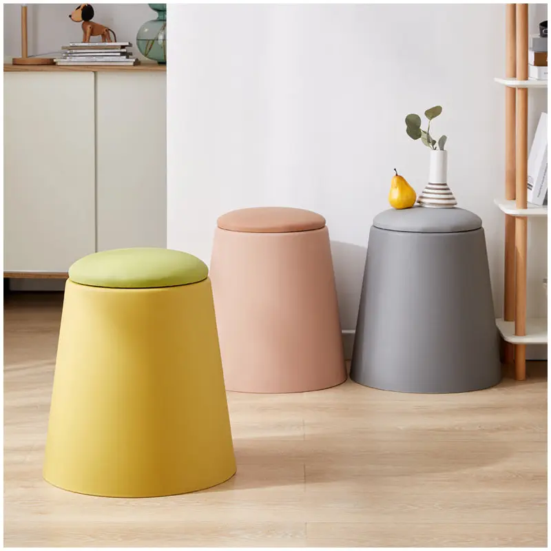 Contemporary Scandinavian Round Cylinder Stackable Faux Leather PP Low Stool For Living Room