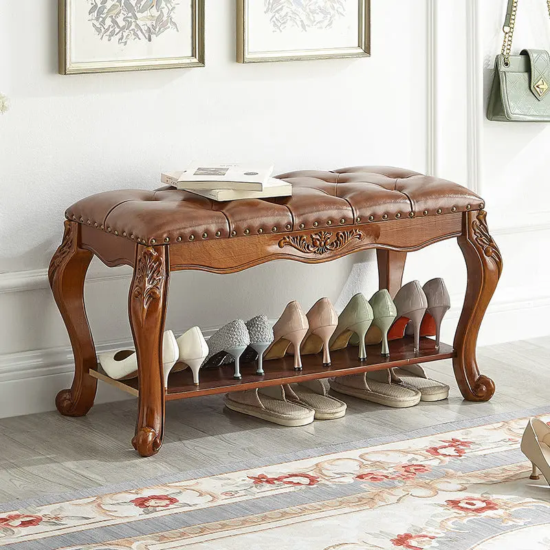 Traditional Vintage Rectangle Carved Pattern Microfiber Leather Solid Wood Shoe Bench Low Stool For Living Room