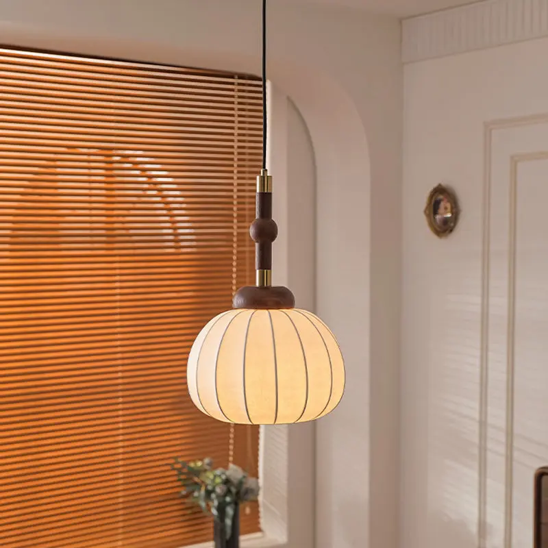 Traditional Vintage Round Oval Ash Wood Silk Aluminum 1-Light Pendant Light For Bedroom