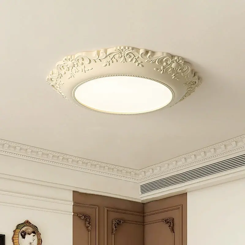 Traditional French Resin PE Round Relief Sculpture LED Flush Mount Ceiling Light For Bedroom