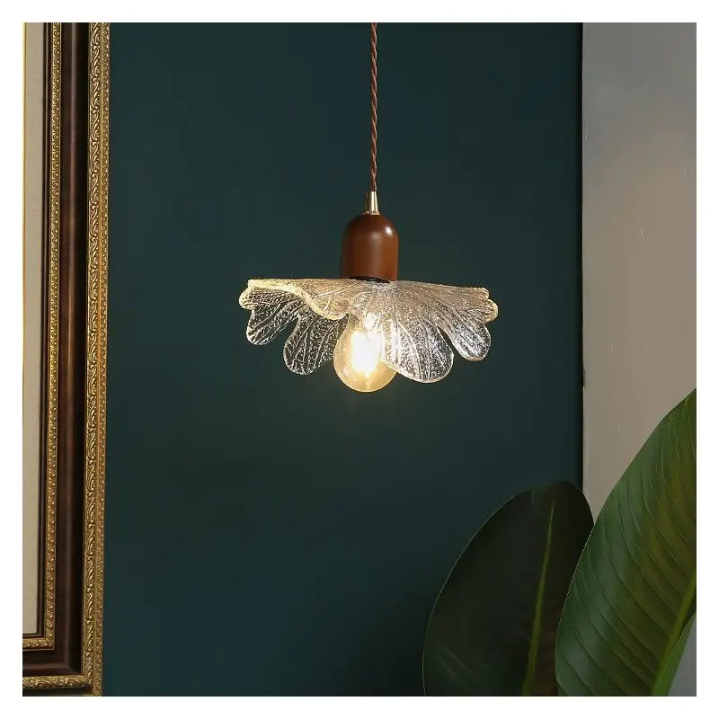 Traditional Vintage Floral Brass Wood Glass Shade 1-Light Pendant Light For Living Room