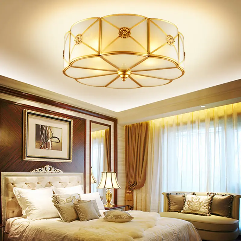 Traditional European Cylinder Copper Glass 3/4/6 Light Flush Mount Ceiling Light For Bedroom