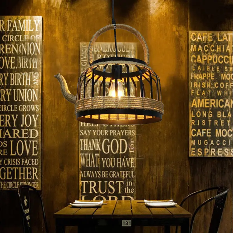 Traditional Vintage Teapot Iron Rope 1-Light Pendant Light For Living Room
