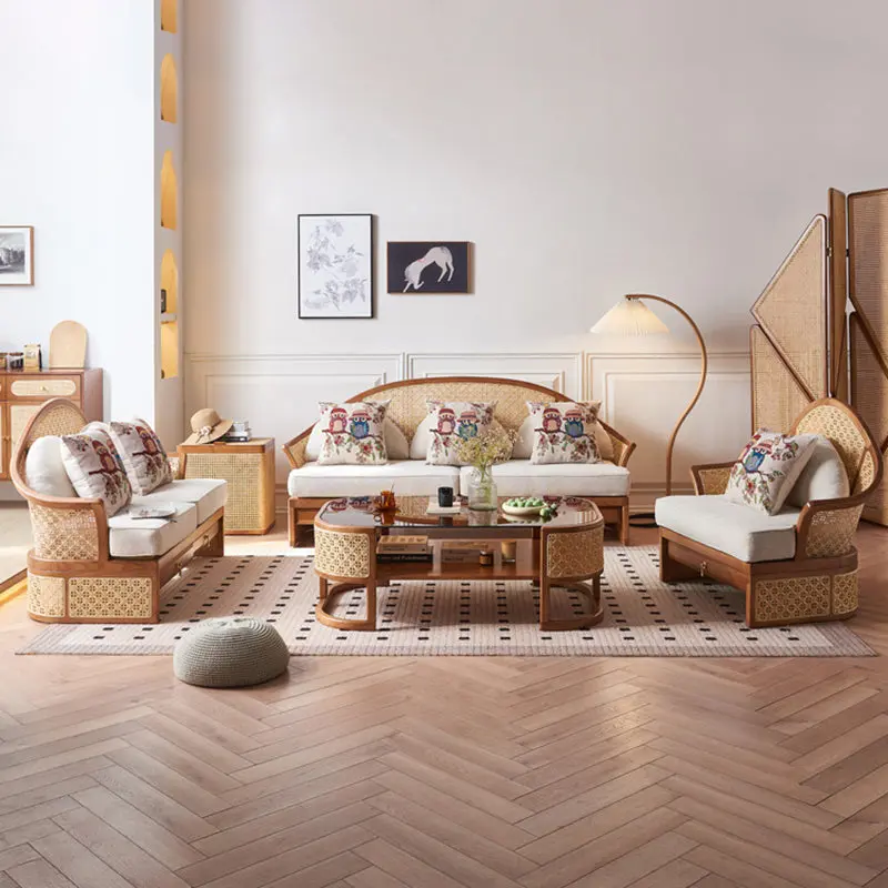 Contemporary Boho Curved Solid Wood Rattan Linen Accent Chair Backrest Armrest For Living Room