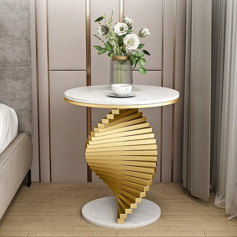 Contemporary Luxury Spiral Round Marble Iron Side Table 1-Tier For Living Room