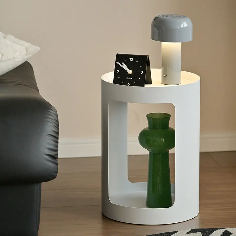 Modern Minimalist Cylindrical Iron Side Table 2-Tier For Living Room
