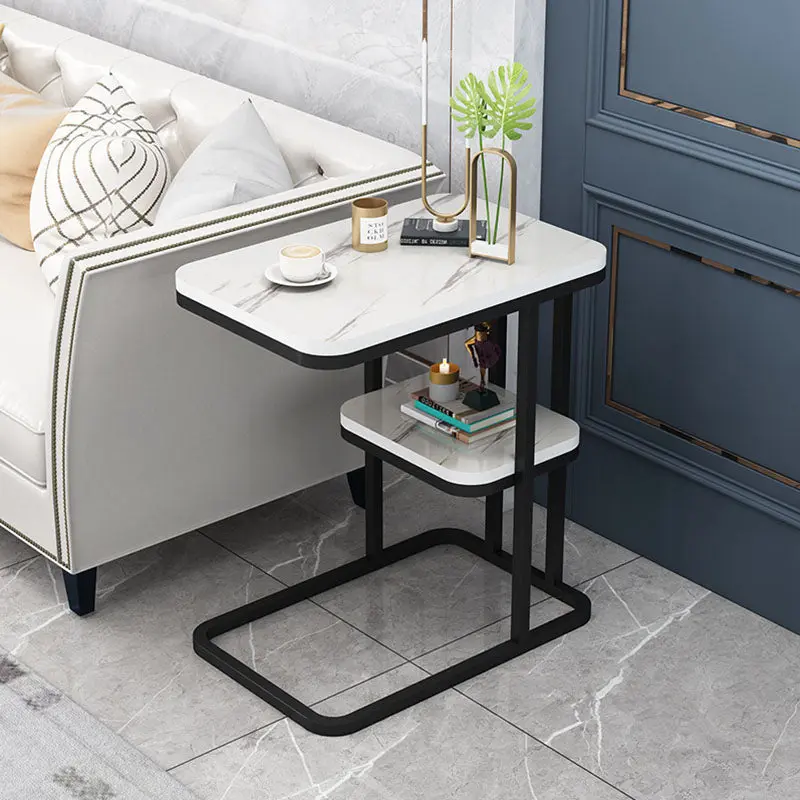 Modern Minimalist Rectangular Marble Steel Side Table 1/2 Tier For Living Room