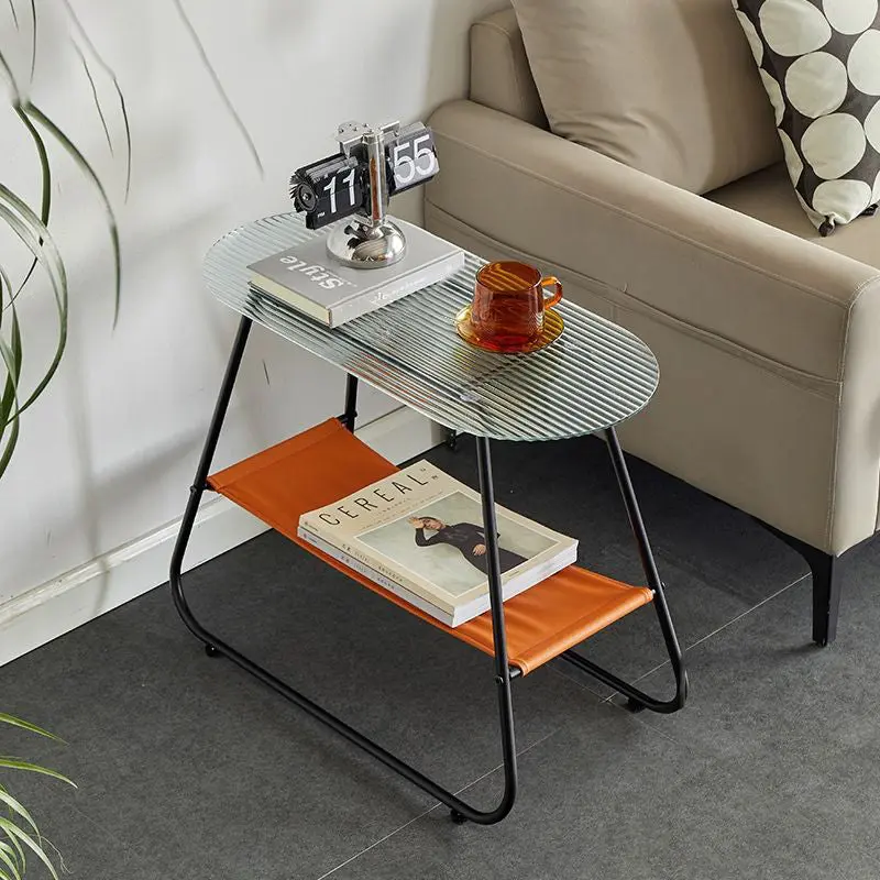 Modern Minimalist Trapezoidal Tempered Glass Artificial Leather Steel Side Table 2-Tier For Living Room