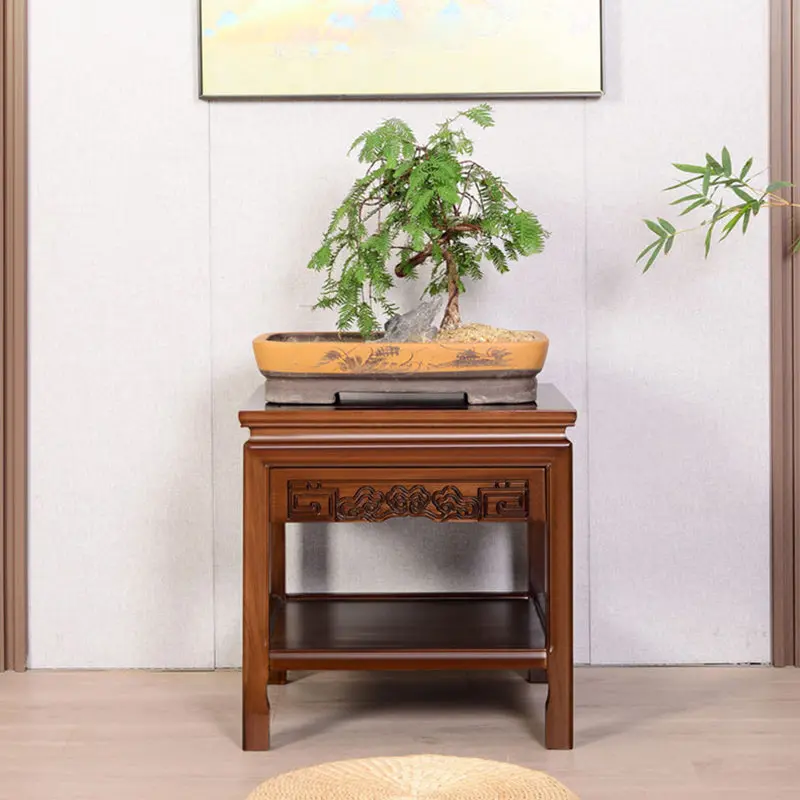 Traditional Chinese Rectangular Solid Wood Side Table With 1-Drawer For Living Room