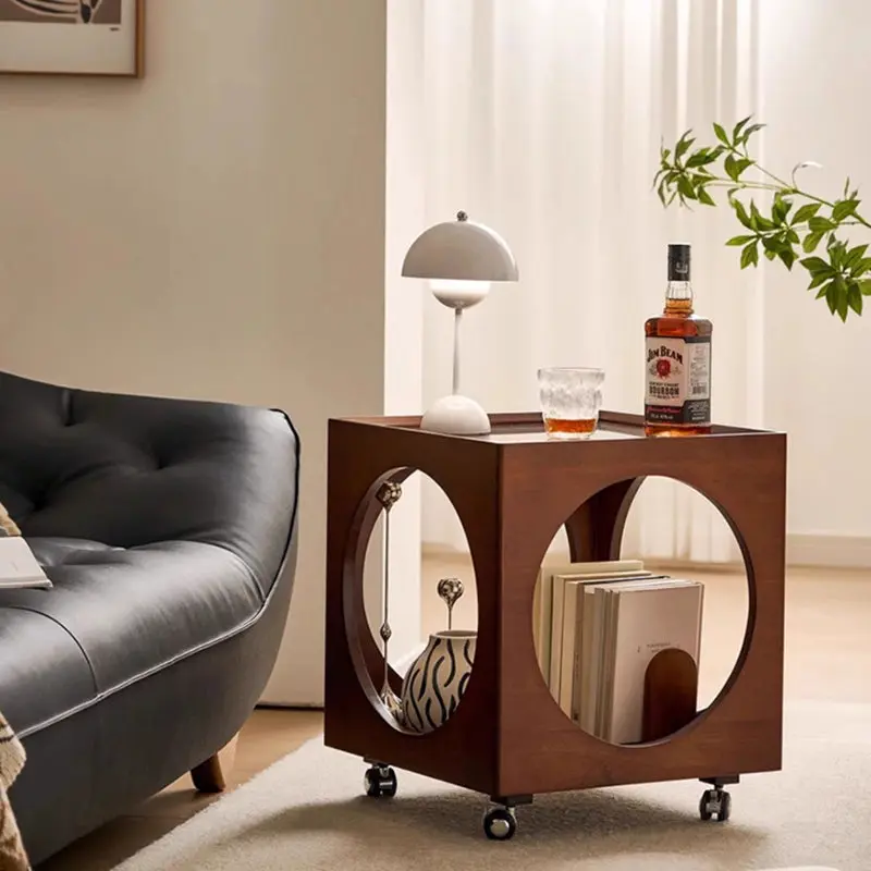 Traditional Japanese Rectangular Solid Wood Glass Rattan Side Table 1-Tier For Living Room