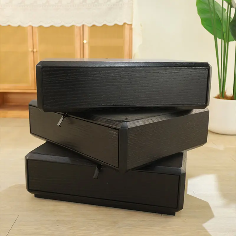 Contemporary Creative Solid Wood Rotating Square Nightstand With 3 Drawers For Bedroom