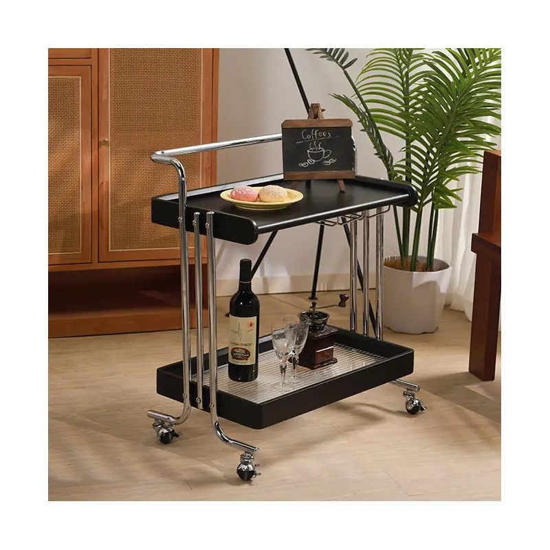 Modern Minimalist Rectangular Rubberwood Glass Stainless Steel Movable Side Table 2-Tier For Living Room