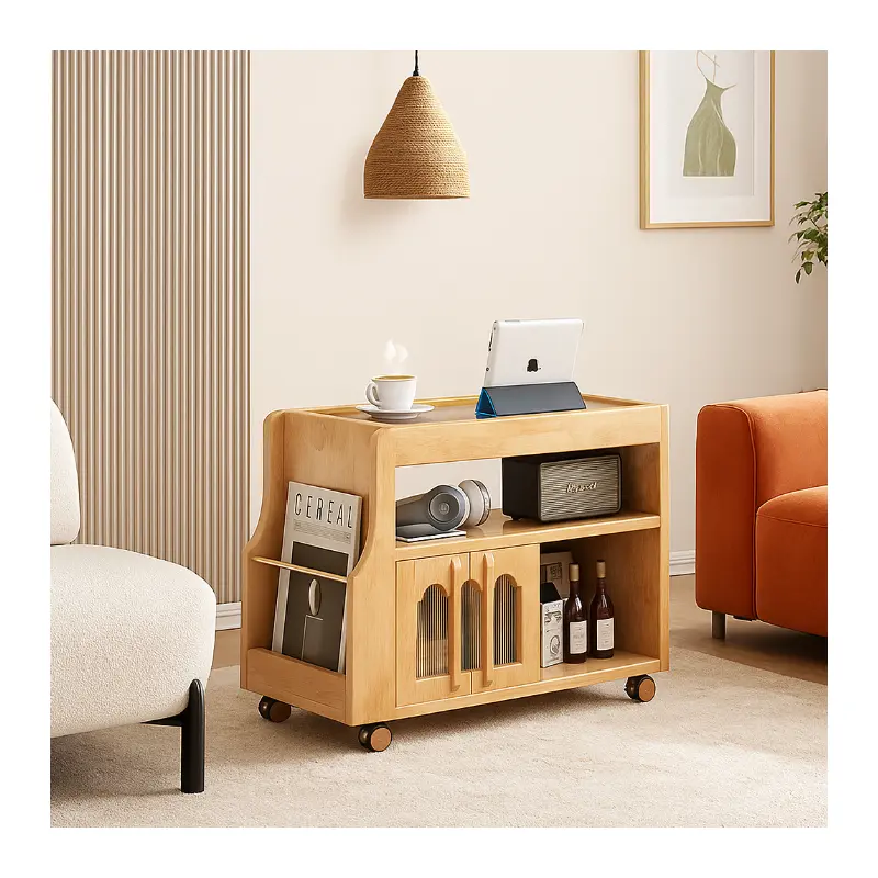 Traditional Vintage Solid Wood Metal Glass Rectangular Mobile Side Table With 3 Tiers For Living Room