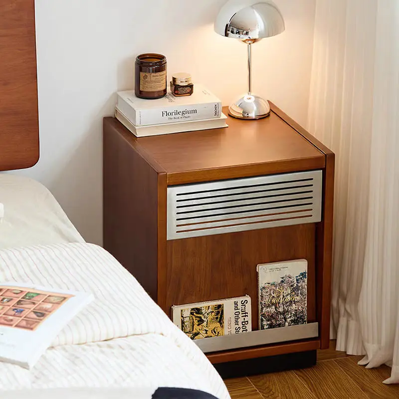 Traditional Vintage Solid Wood & Metal Rectangular Nightstand With 2 Drawers For Bedroom