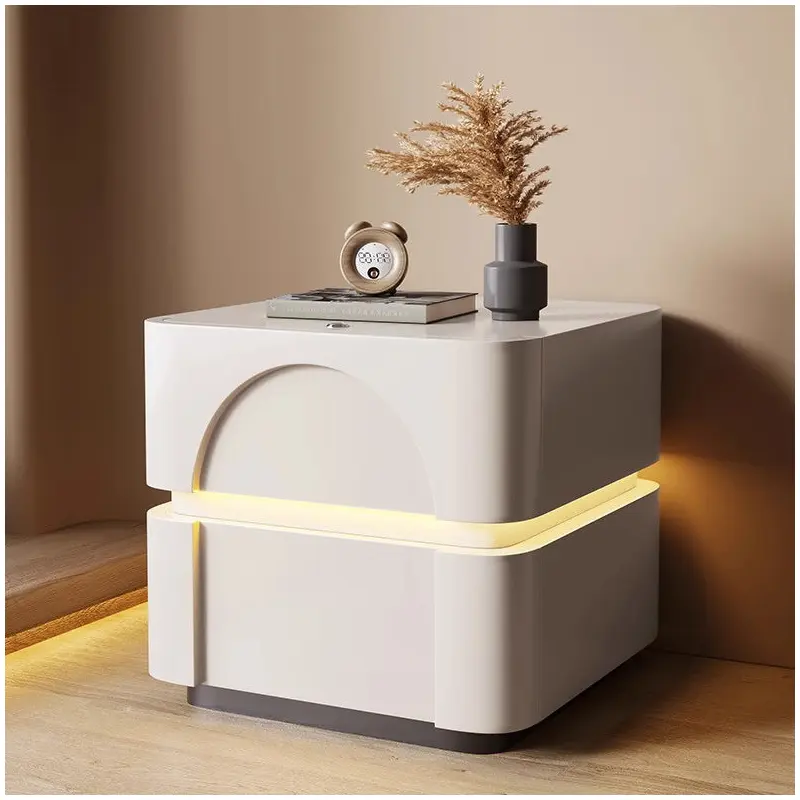 Contemporary Creative Solid Wood Carbon Steel Rounded Square Nightstand With 2 Drawers For Bedroom
