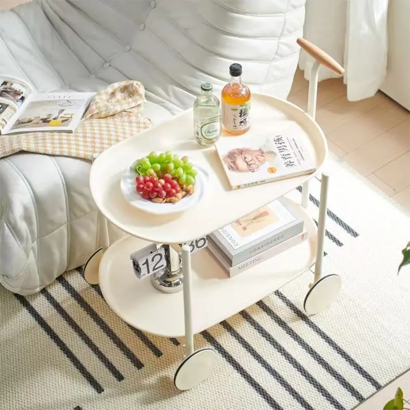 Modern Minimalist Round Oval Carbon Steel PP Movable Side Table 2-Tier For Living Room