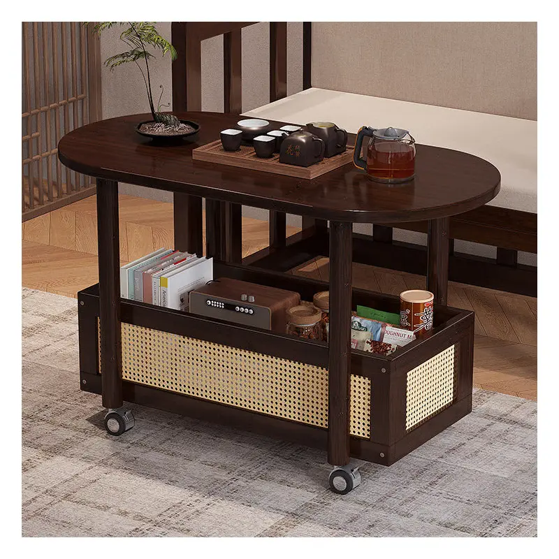 Traditional Vintage Bamboo Plastic Rattan Oval Rectangular Side Table With 1-Tier For Living Room