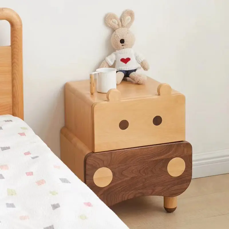 Contemporary Creative Kids Bear Shape Solid Wood Walnut Wood Nightstand 2-Drawer For Bedroom