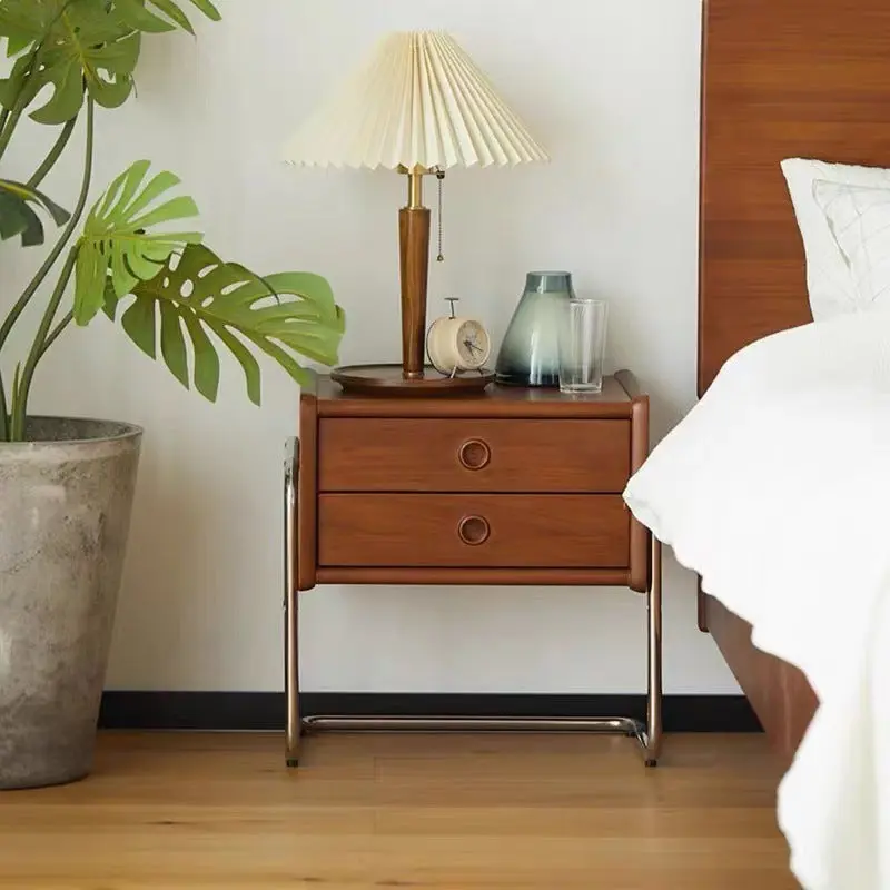 Traditional Vintage Rectangle Pine Wood Rubberwood Solid Wood Multi-layer Board Stainless Steel Nightstand 2-Drawer For Bedroom