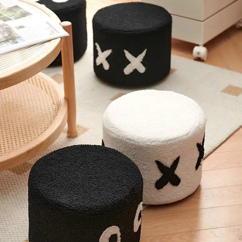 Contemporary Creative Kids Round Lamb Fleece Solid Wood Multi-layer Board Removable Washable Low Stool Backless Armless For Entryways