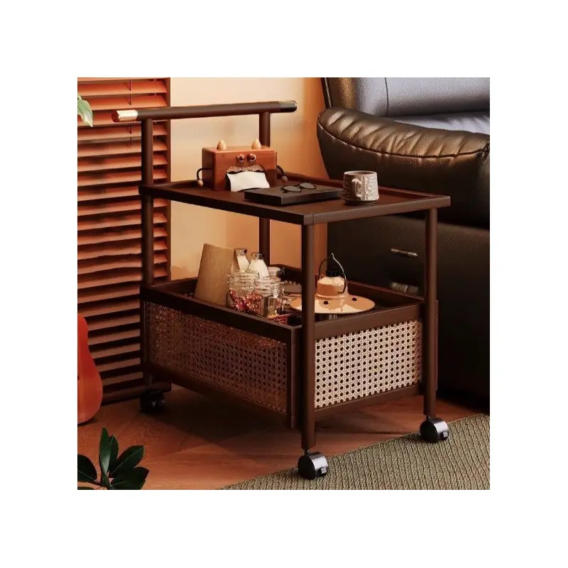 Traditional Chinese Square Rectangular Resin Weaving Nan Bamboo MDF End Table 2-Tier For Living Room