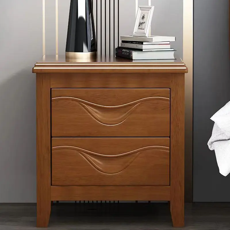 Traditional Vintage Square Rubberwood Solid Wood Medium-Density Fiberboard Nightstand 2-Drawer For Bedroom