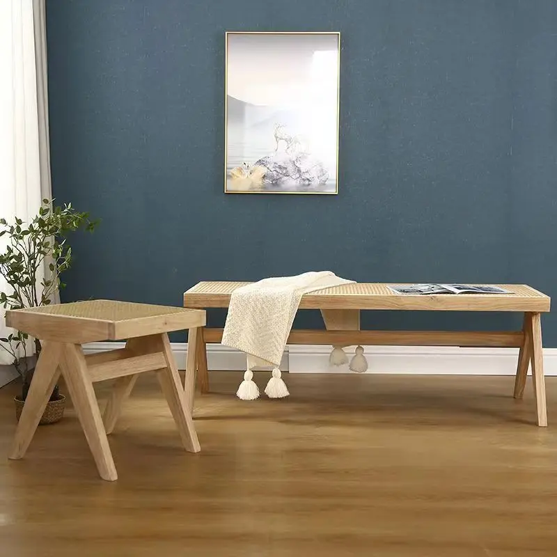 Traditional Japanese Weaving Rubber Wood Rattan Rectangular Square Low Stool Backless For Dining Room