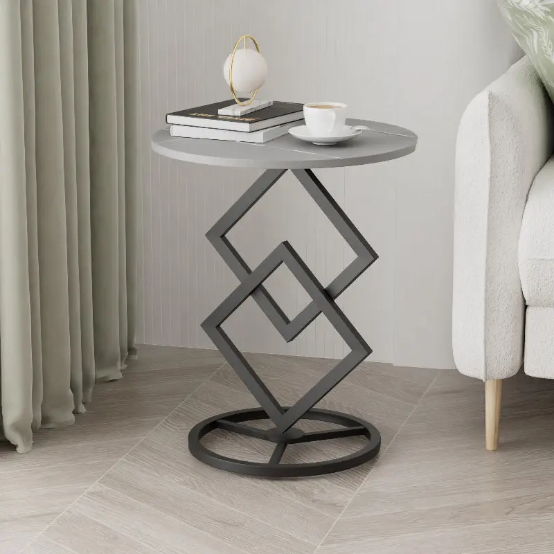 Modern Minimalist Combination Diamond Base Round Rock Slab Metal Frame Side Table For Living Room