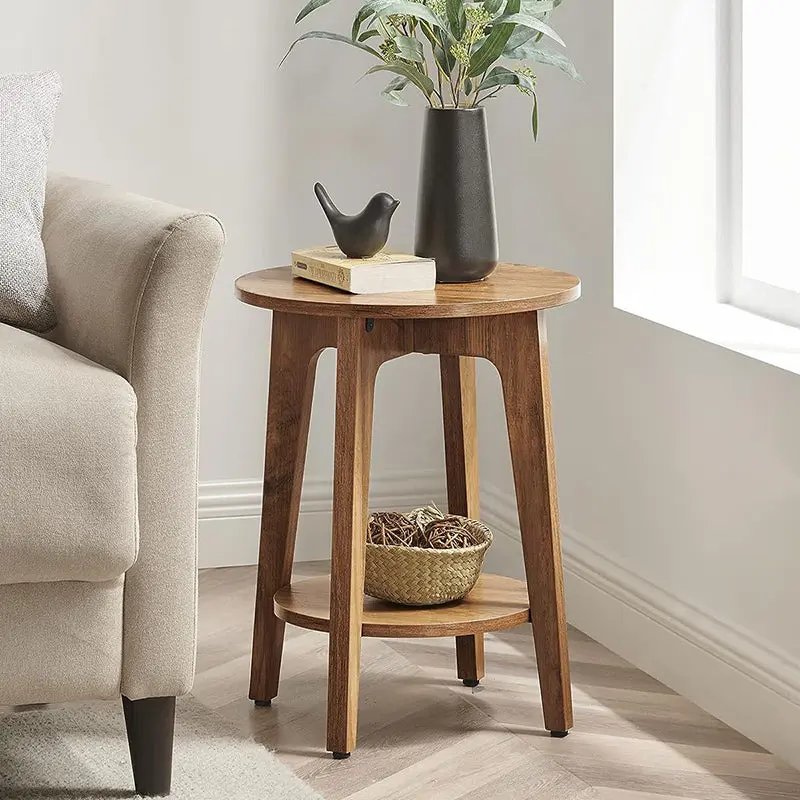Modern Minimalist Round Solid Wood End Table 2-Tier For Living Room