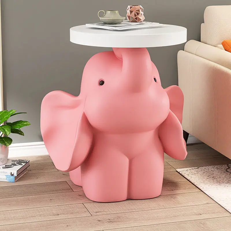 Contemporary Creative Fir Board Round Top Elephant Resin Base Side Table For Living Room