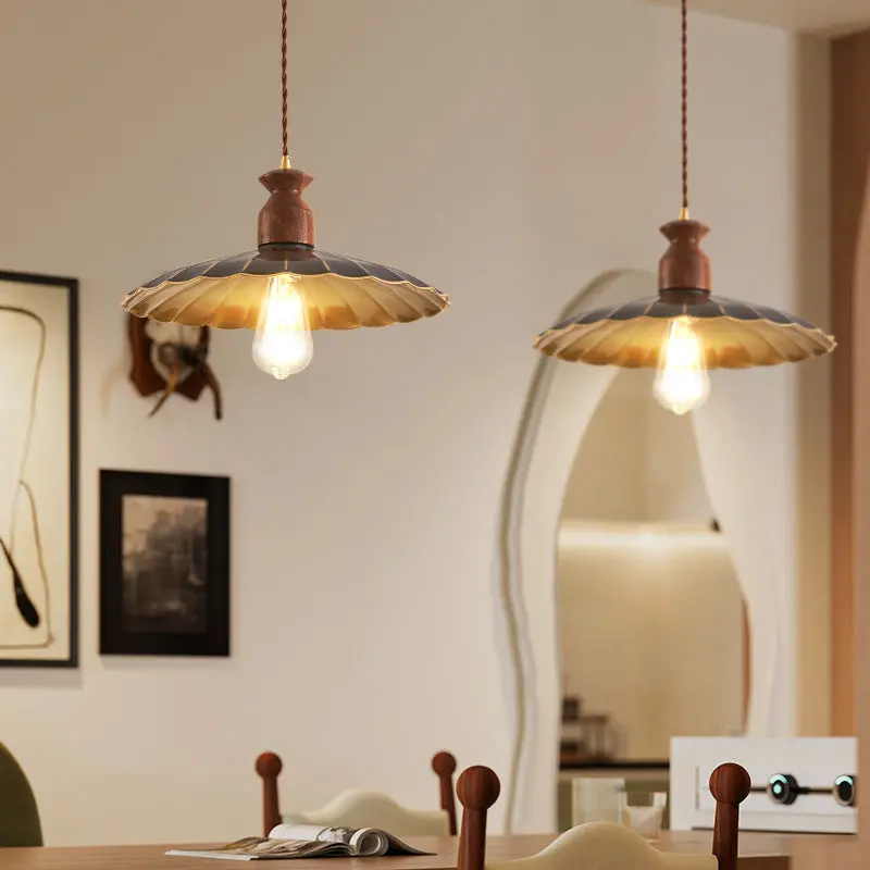 Traditional Vintage Round Umbrella Distressed Walnut Brass 1-Light Pendant Light For Living Room