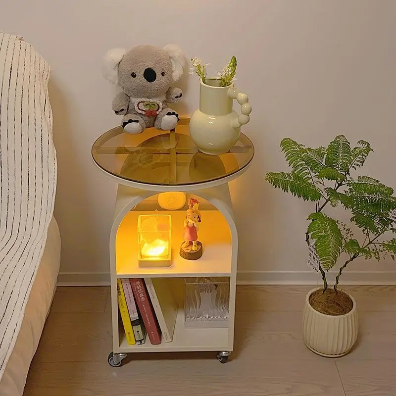 Contemporary Scandinavian Cream Removable Round Rectangular Arched Iron Glass Side Table 3-Tier For Living Room