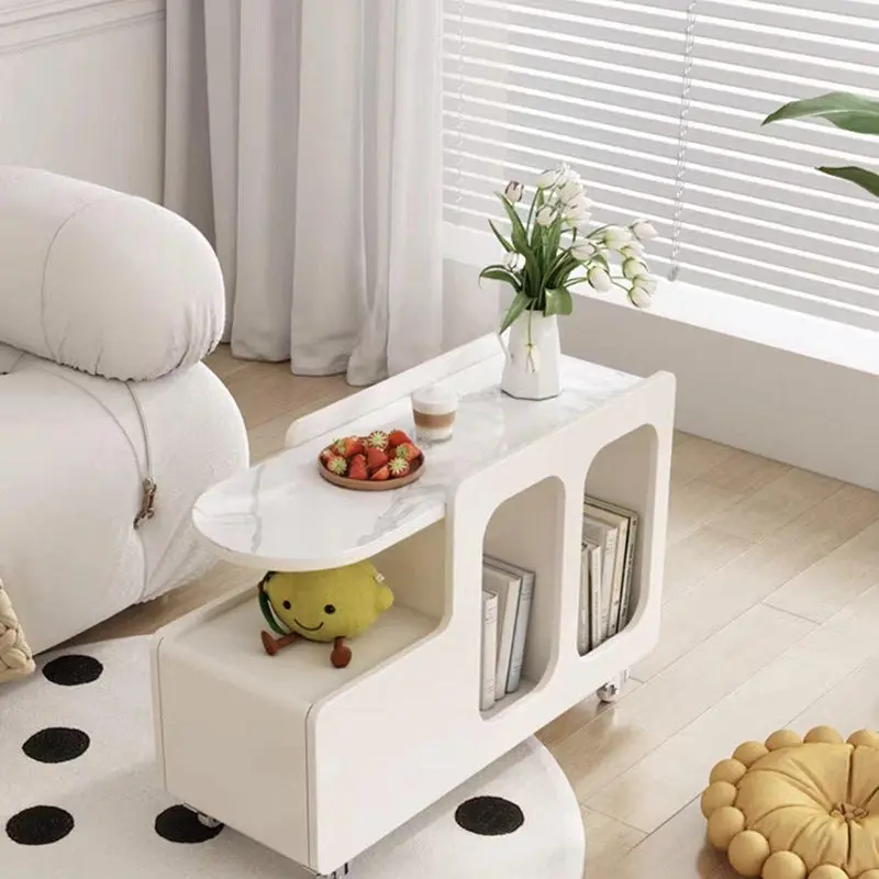 Contemporary Nordic Cream Removable Rectangular Artificial Panel Rock Slab Side Table 1-Drawer For Living Room