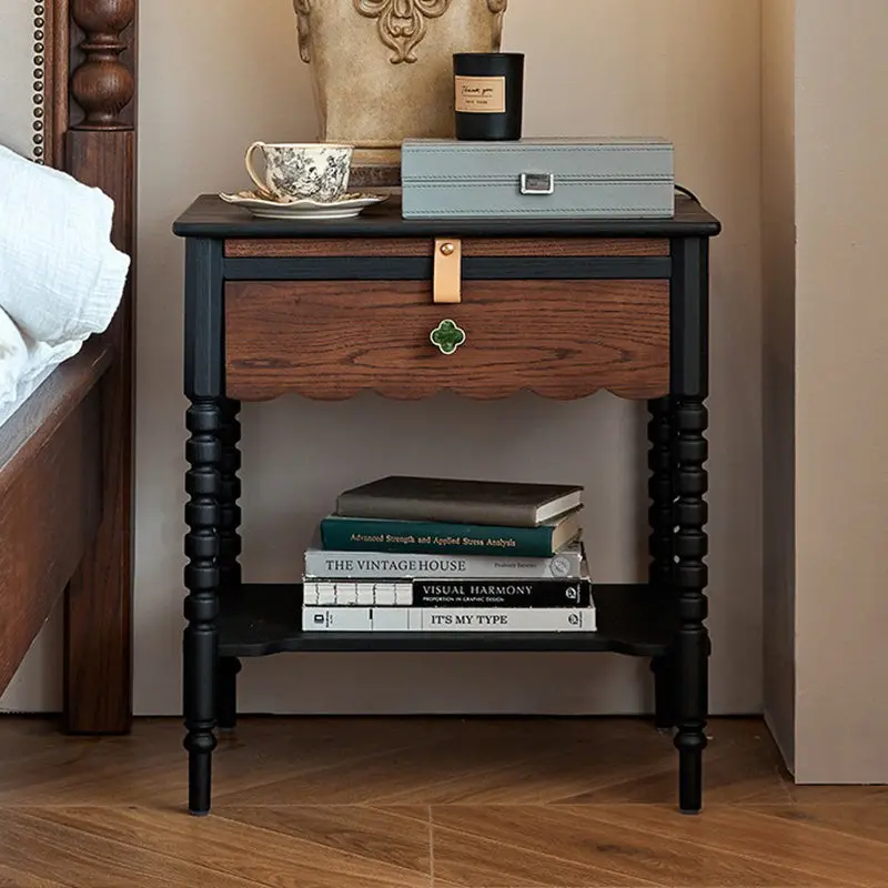 Traditional Vintage Expandable Rectangle Square Red Oak Side Table 1-Drawer For Living Room