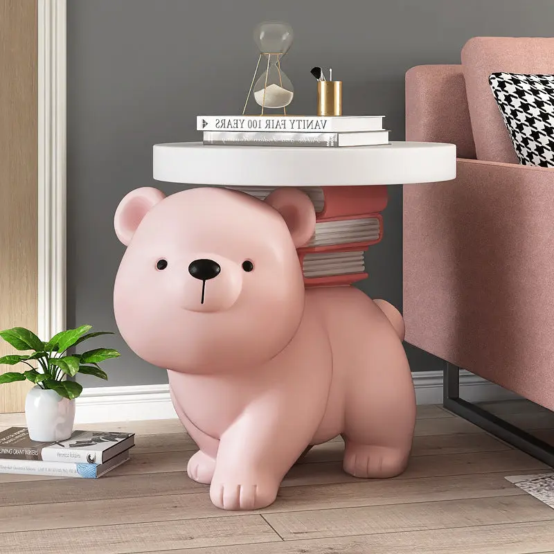 Contemporary Creative Fir Board Round Top Bear Resin Base Side Table For Living Room