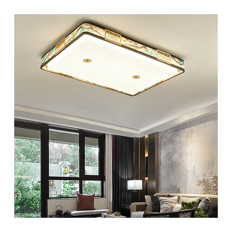 Traditional Chinese Copper Acrylic Enamel Painting Landscape Rectangular Square Round LED Flush Mount Ceiling Light For Bedroom