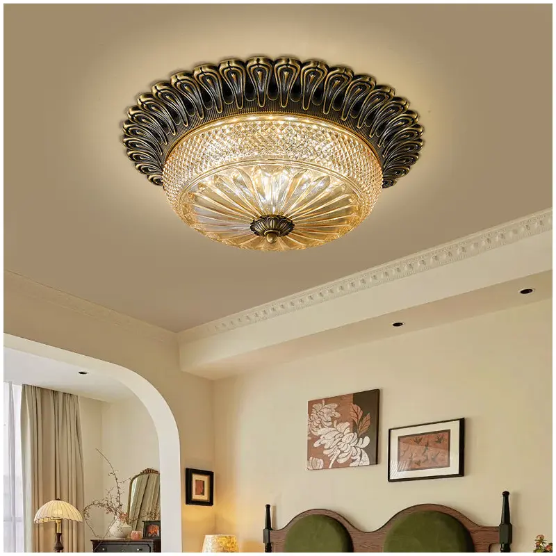Traditional European Copper Glass Round Relief Sculpture LED Flush Mount Ceiling Light For Bedroom