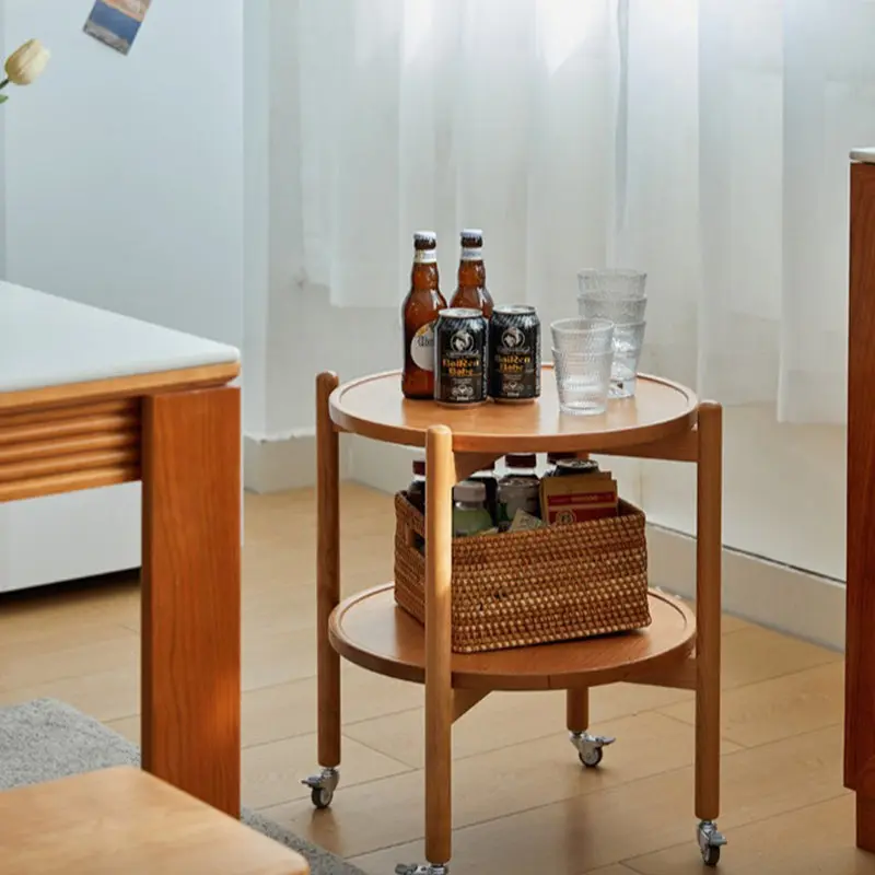 Traditional Japanese Round Solid Wood Top End Table 2-Tier Casters For Living Room